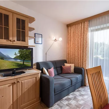 Ein gemütliches Wohnzimmer mit einem grauen Sofa und einem Fernseher. Große Fenster lassen viel Licht herein und bieten einen Blick ins Freie.