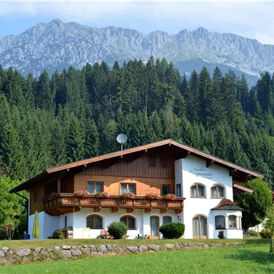 A picturesque house in the mountains, surrounded by dense forests. In the background, majestic mountains are visible.