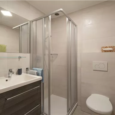 Ein modernes Badezimmer mit einer Dusche und einem Waschtisch. Die Wände sind hell und die Ausstattung ist zeitgemäß.