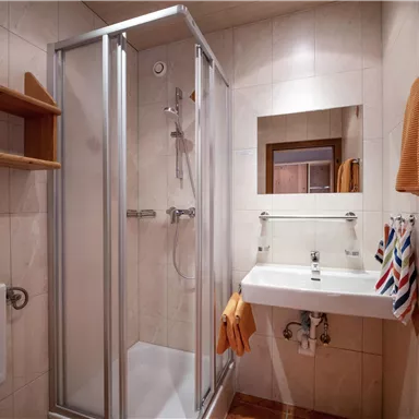 Ein modernes Badezimmer mit einer Duschkabine, einem Waschbecken und einem großen Spiegel. Handtücher hängen an der Wand, und es gibt Holzregale für zusätzliche Ablagefläche.