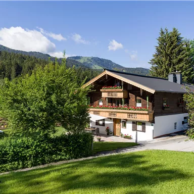 A pretty chalet surrounded by green meadows and trees. In the background, mountains and a blue sky can be seen.