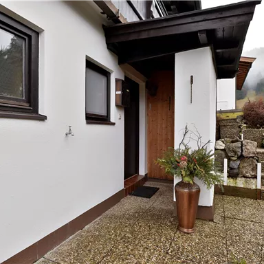 The entrance area of a house with a clean, modern design. A vase with plants stands on the floor, and gentle hills can be seen in the background.