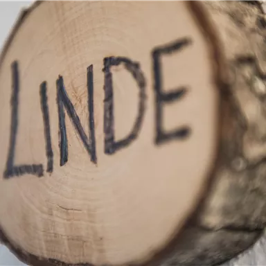 Ein Holzschild mit der Aufschrift "LINDE". Das Schild hat eine natürliche Kantenbearbeitung und eine angenehme Holzoberfläche.