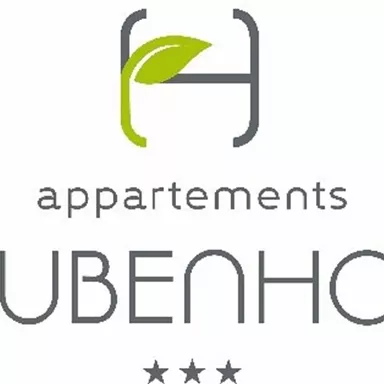 A modern logo for the Hubenhof apartments. The design is simple and elegant with a green leaf motif.