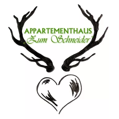 Ein Logo mit Geweihen und einem Herz. Der Schriftzug „Appartementshaus Zum Schneider“ ist elegant in grünem Schriftzug platziert.