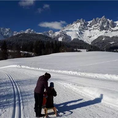 A winter landscape with snow-covered fields and mountains in the background. An adult is holding the hand of a child as they walk along the path.