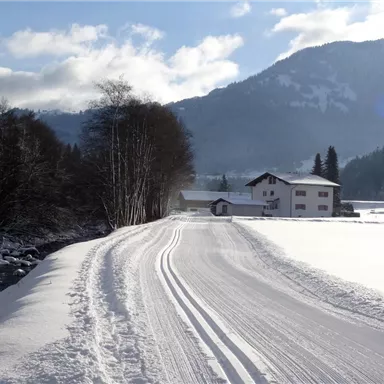 Eine verschneite Landschaft mit einem schmalen Weg und einem Bauernhaus. Im Hintergrund sind Berge und ein blauer Himmel zu sehen.