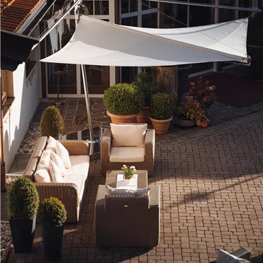 Ein gemütlicher Außenbereich mit bequemen Rattanmöbeln und großen Pflanzen in Töpfen. Ein Sonnensegel sorgt für Schatten und lädt zum Entspannen ein.