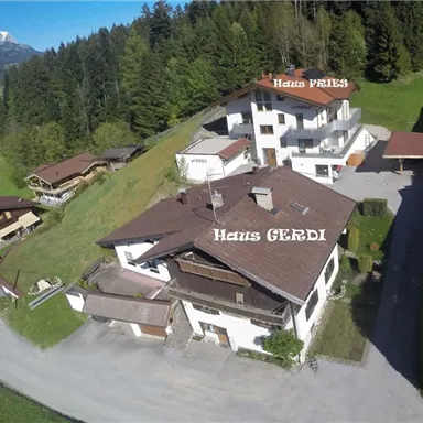 A quiet residential area with several houses, surrounded by green spaces and trees. In the background, mountains and a clear sky can be seen.