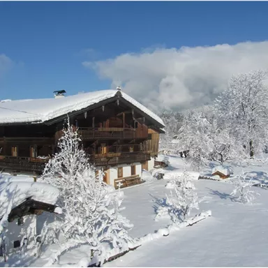 Ein gemütliches Chalet im Schnee mit einer beeindruckenden Landschaft. Die Bäume sind mit einer dicken Schneeschicht bedeckt und der Himmel ist teilweise bewölkt.