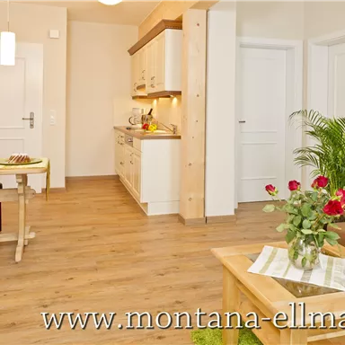 Ein helles und modernes Wohnzimmer mit einer Küchenzeile. Es gibt einen Esstisch, einen gemütlichen Sessel und Pflanzen zur Dekoration.