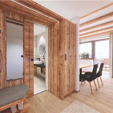 Ein stilvolles, helles Interieur mit Holzwänden und einem großen Fenster. Der Raum umfasst eine Garderobe und einen Essbereich mit modernen Stühlen.