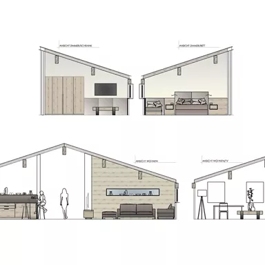 An architectural sketch of interiors with sloped roofs. The rooms are designed to be modern and functional, featuring an open kitchen area and a cozy living area.