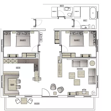 A floor plan of an apartment with two bedrooms, a living room, and a kitchen. The plan shows an open layout with modern furniture.