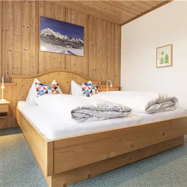 Ein gemütliches Schlafzimmer mit einem Doppelbett und Holzverkleidung. An der Wand hängt ein Bild mit einer Berglandschaft.