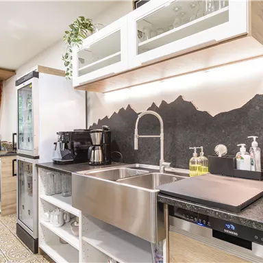 Eine moderne Küche mit einer Edelstahlspüle und einer stilvollen Arbeitsfläche. Im Hintergrund sind Pflanzen und eine gemütliche Essecke zu sehen.