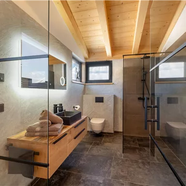 Ein modernes Badezimmer mit Holzdecke und eleganten Glaswänden. Die Einrichtung umfasst eine Dusche, ein Waschbecken und eine Toilette, umgeben von stilvollen Fliesen.