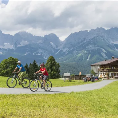 Zwei Radfahrer fahren auf einem Weg durch eine grüne Landschaft. Im Hintergrund sind majestätische Berge und ein traditionelles Chalet zu sehen.