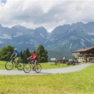 Two cyclists ride on a path through a green landscape. In the background, there are majestic mountains and a traditional mountain house visible.