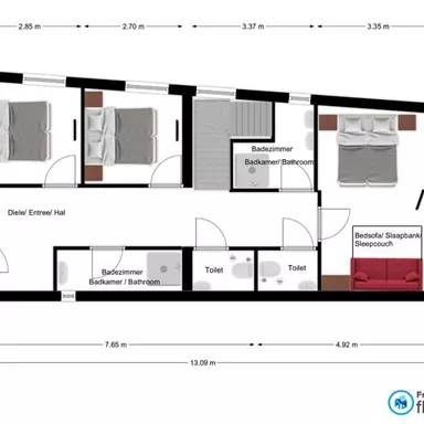 The floor plan shows an apartment with three bedrooms, two bathrooms, and a spacious living area. The dimensions are clearly marked to illustrate the room layout.