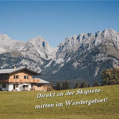 A cozy alpine inn amidst an impressive mountain landscape. The scene shows a green meadow with majestic mountains in the background.