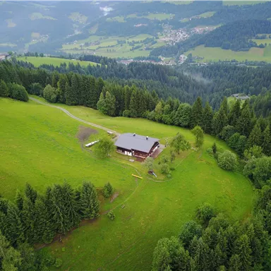 A quiet mountain hut surrounded by green meadows and dense forests. In the background, gentle hills and mountains are visible.