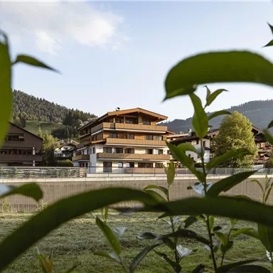 Ein Blick auf ein ruhiges Dorf mit traditionellen Holzhäusern und sanften Hügeln im Hintergrund. Grüne Pflanzen rahmen die Szenerie ein.