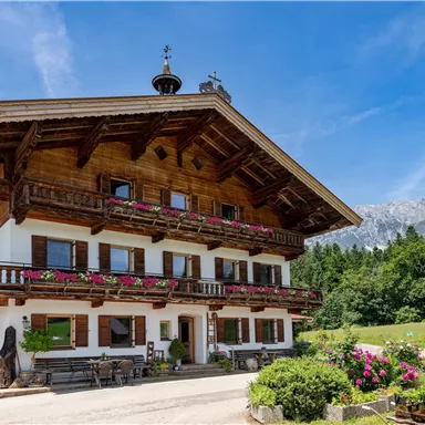 Ein traditionelles Holzhaus mit Blumenkästen und einem grünen Garten. Im Hintergrund sind Berge und ein blauer Himmel zu sehen.
