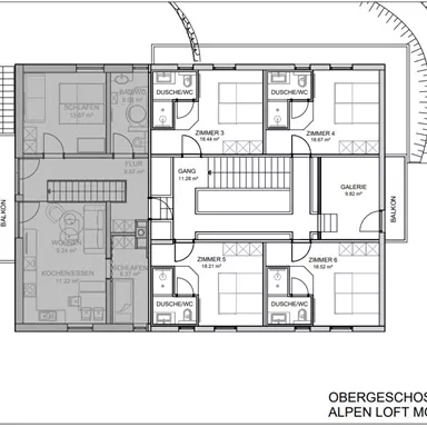 A floor plan drawing of the upper floor of an alpine loft. It shows various rooms, bathrooms, and a balcony.