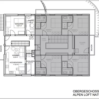 A floor plan of the upper floor of an Alpine loft. The plan shows different rooms, including a bedroom, a living area, and a kitchen.
