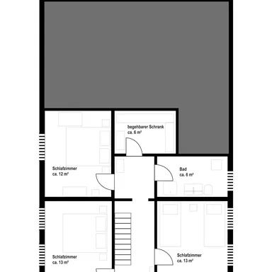 Ein Grundriss des Obergeschosses eines Hauses. Er zeigt verschiedene Räume wie Schlafzimmer, einen Flur und ein Badezimmer.