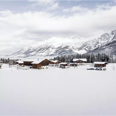 Eine verschneite Landschaft mit mehreren Holzhäusern und majestätischen Bergen im Hintergrund. Der Himmel ist bewölkt und vermittelt eine ruhige Winterstimmung.