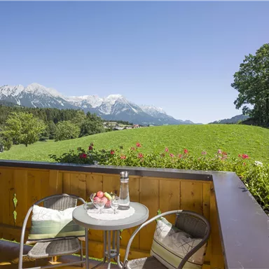 A cozy balcony with a view of a green meadow and snow-capped mountains in the background. The sky is clear and blue, perfect for relaxation outdoors.