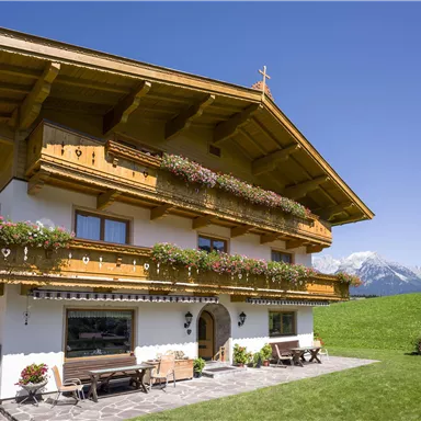 A traditional Alpine house with a large balcony and flower boxes. In the background, green meadows and snow-covered mountains can be seen.