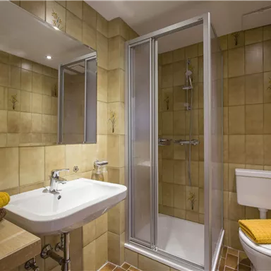 Ein modernes Badezimmer mit Duschkabine, Waschbecken und Toilette. Die Wände sind mit warmen Fliesen in neutralen Farben gestaltet.