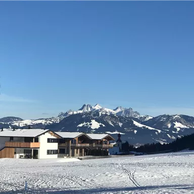 A beautiful winter landscape with snow-covered meadows and impressive mountains in the background. The clear, blue sky completes the scene.