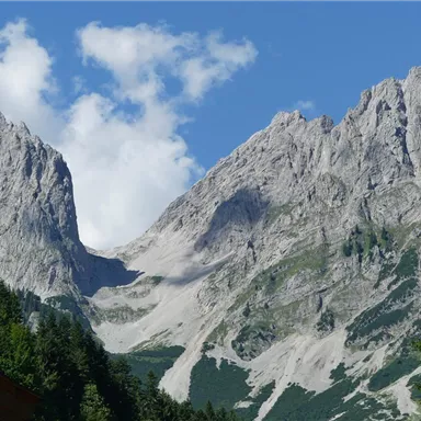 An impressive mountain panorama with steep rocks and green forests. The sky is blue with some clouds.