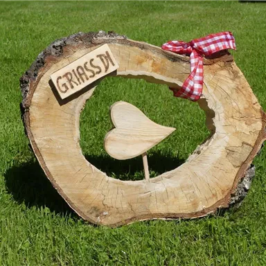 A wooden sign with the inscription "GRIAßDI" and a heart-shaped wooden piece in the middle. The sign is adorned with a red checkered ribbon and stands on green grass.