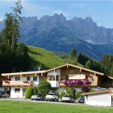 A picturesque house in the mountains, surrounded by lush greenery and blooming flowers. Majestic mountains rise in the background under a clear sky.