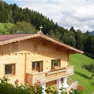 A cozy wooden house in the midst of a green landscape. In the background, trees and mountains can be seen.