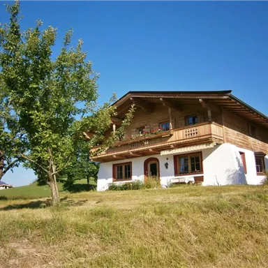 Ein gemütliches Holzhaus mit Balkon, umgeben von einem grünen Garten. Im Hintergrund sind Bäume und eine klare blaue Himmel zu sehen.