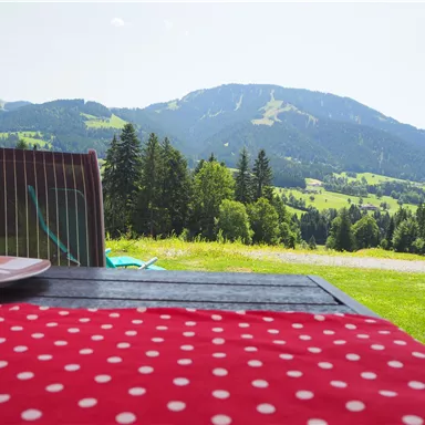 Ein schöner Ausblick auf grüne Hügel und Berge. Im Vordergrund ein Tisch mit einer rot gepunkteten Tischdecke.