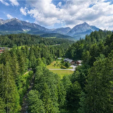 Eine malerische Alpenlandschaft mit hohen Bergen und dichten Wäldern. Im Vordergrund liegt eine grüne Wiese mit Gebäuden und Natur.