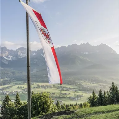 A flag with red and white colors is waving in the landscape. In the background, there are mountains and a green meadow.