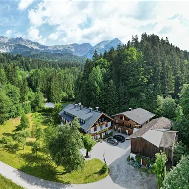 Eine malerische Ansicht eines Waldgebiets mit Bergen im Hintergrund. Im Vordergrund befindet sich eine gemütliche Unterkunft umgeben von Natur.