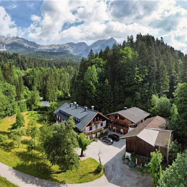 Eine malerische Landschaft mit grünen Wäldern und majestätischen Bergen im Hintergrund. Im Vordergrund sind einige Gebäude und ein gewundener Weg zu sehen.