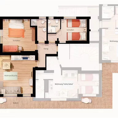 A detailed floor plan of an apartment with multiple rooms. The rooms are clearly depicted, including sleeping and living areas.