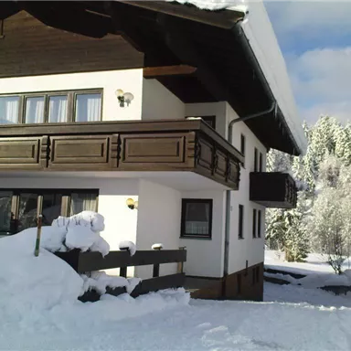 Ein schönes Chalet im Schnee mit einem großen Balkon. Die Umgebung ist malerisch mit schneebedeckten Bäumen und einem blauen Himmel.
