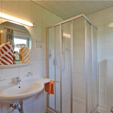 Ein modernes Bad mit einer Duschkabine, einem Waschbecken und einem großen Spiegel. Die Wände sind gefliest und es gibt frische Handtücher.