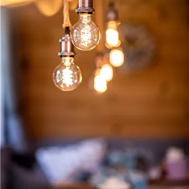 Hängende Glühbirnen erzeugen eine gemütliche Atmosphäre in einem warmen, holzverkleideten Raum. Im Hintergrund sind gedeckte Tische und Dekor sichtbar.